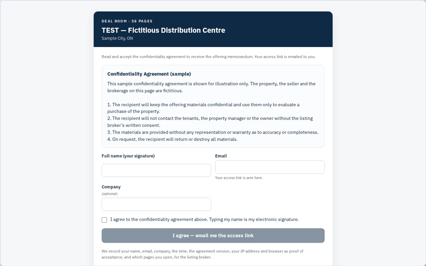 Deal room confidentiality agreement page for a fictitious test listing, on a desktop browser