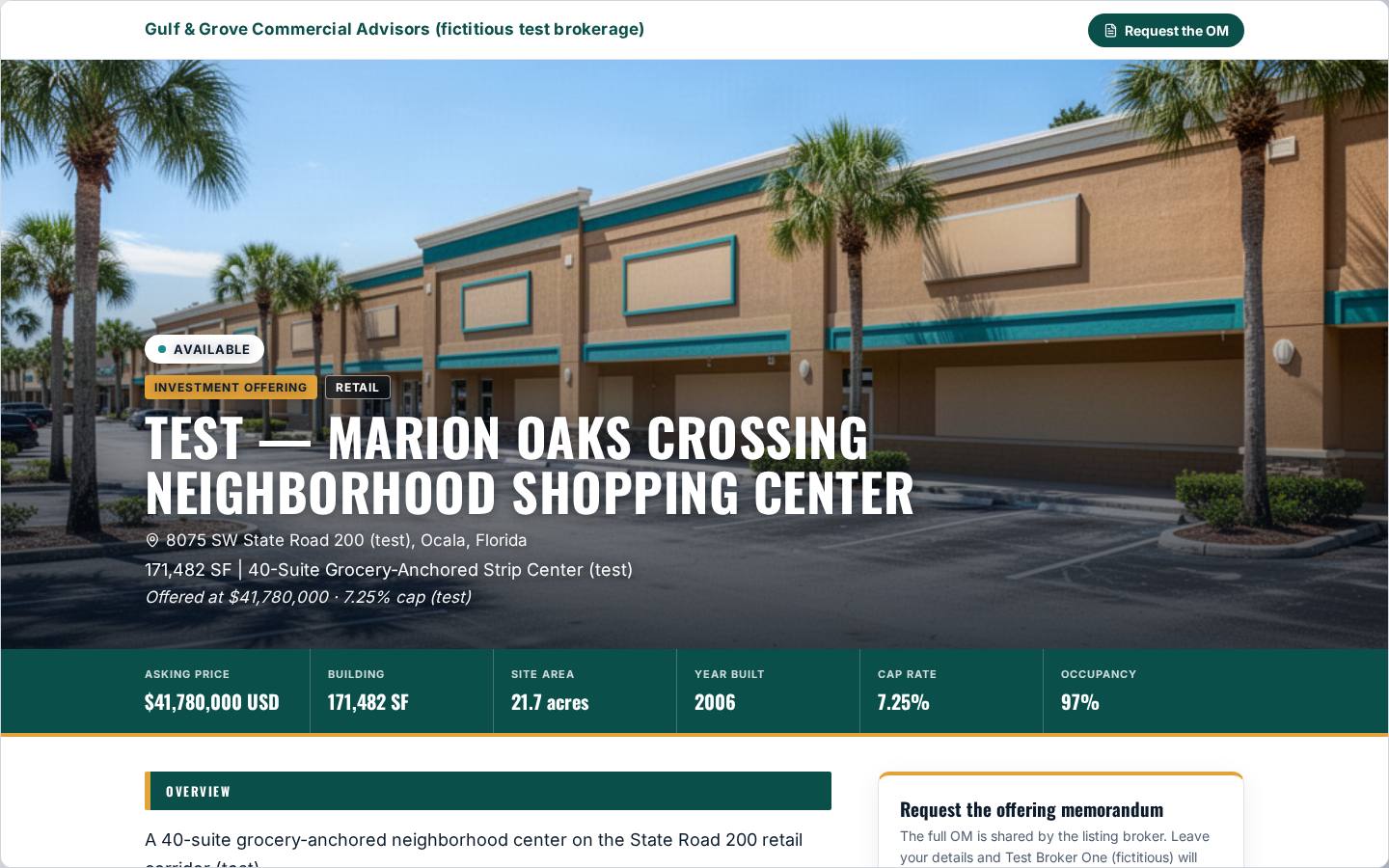Listing website in the Bold theme: fictitious test retail centre in Florida with a brand-coloured key facts band