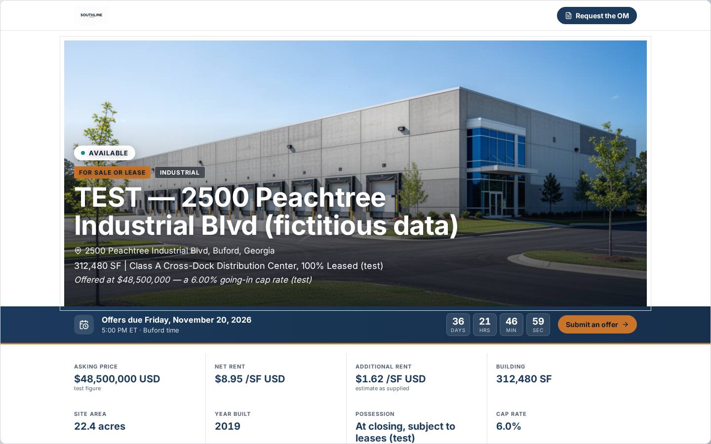 Listing website in the Minimal theme: fictitious test industrial building in Georgia with a call-for-offers countdown