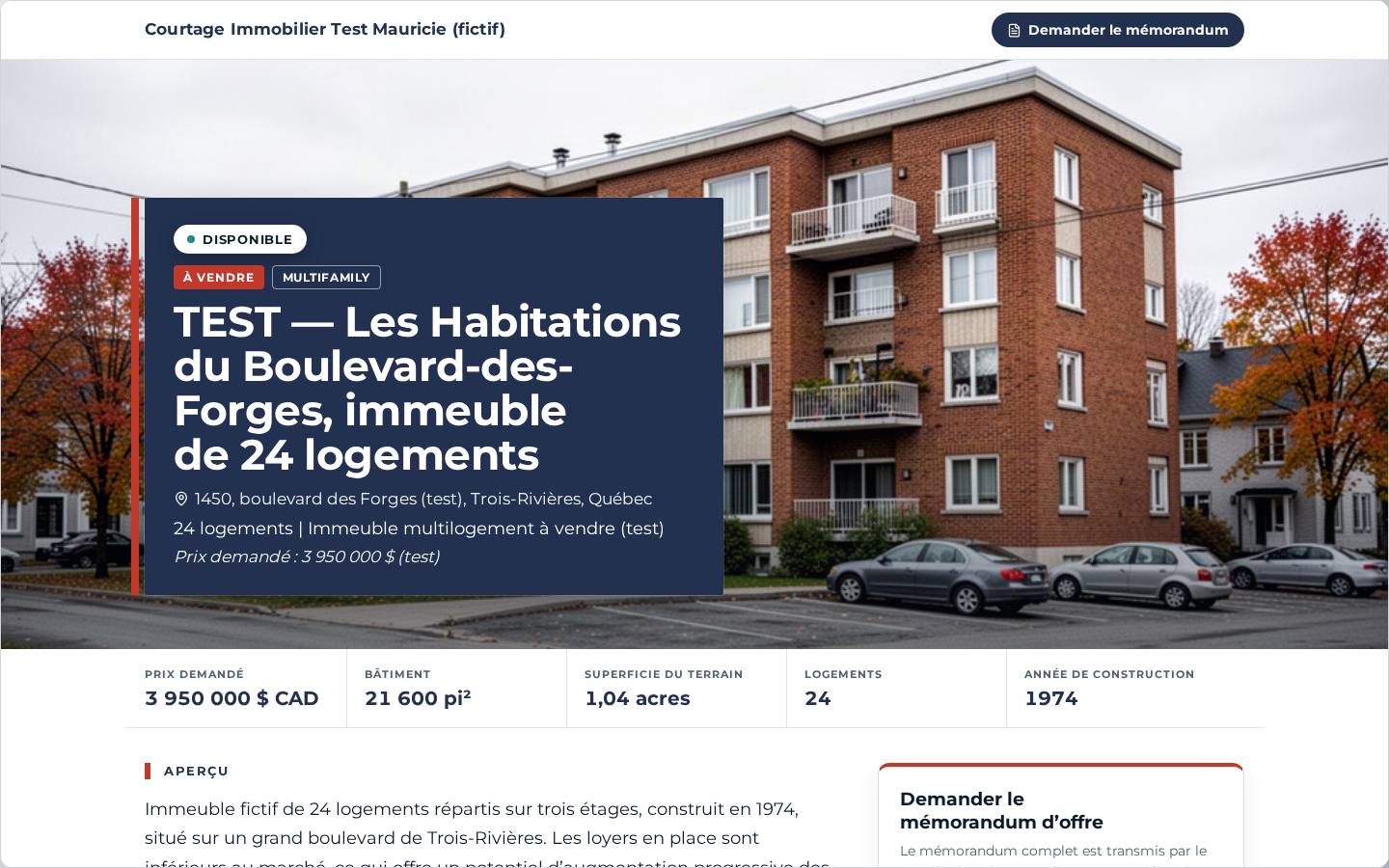 Listing website in the Panel theme: fictitious test multifamily building in Québec, shown in French