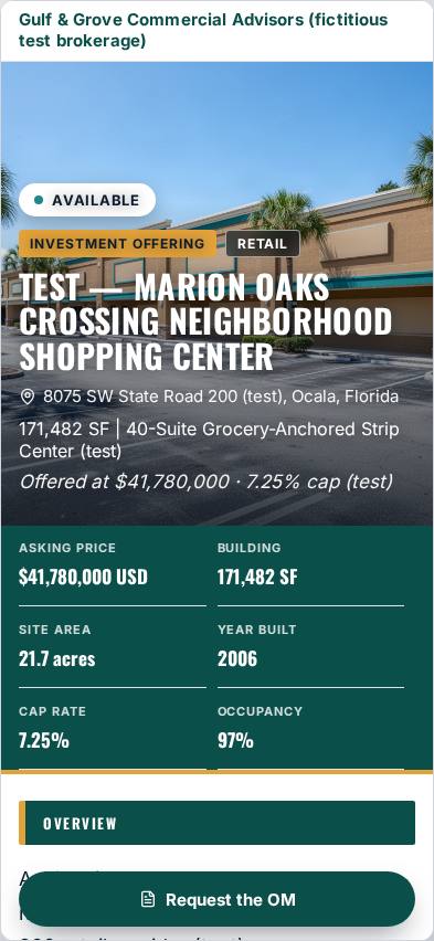 The same fictitious test listing website on a phone, with the Request the OM button fixed at the bottom