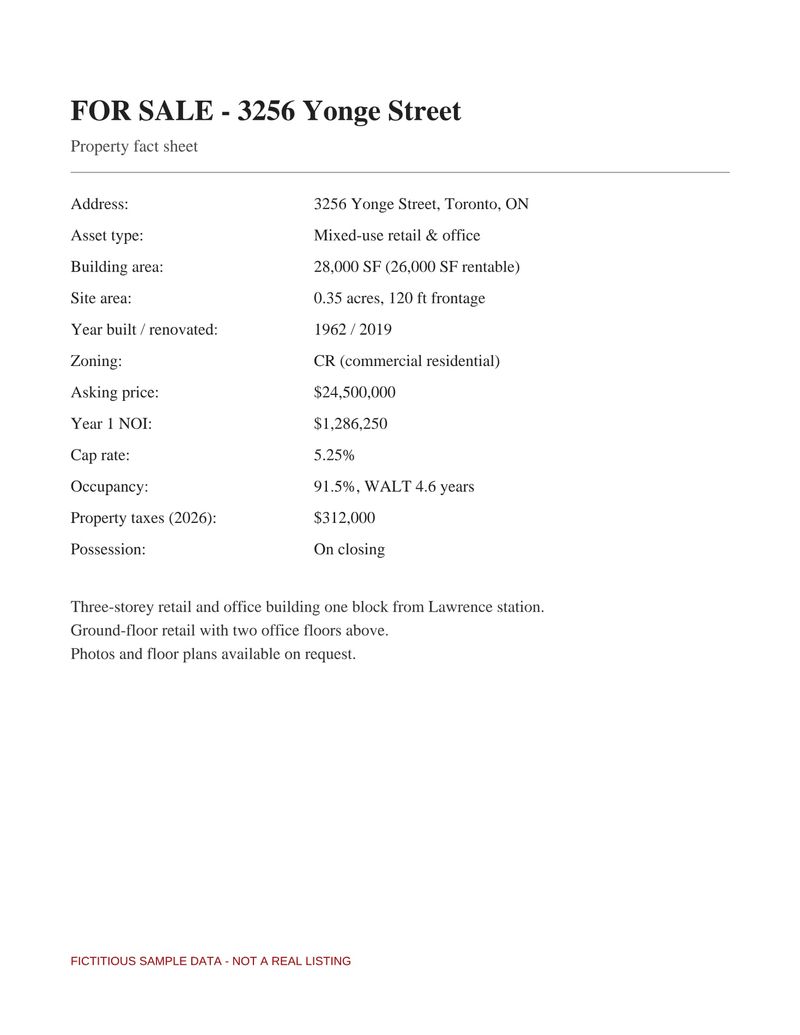 A plain one-page property fact sheet for a fictitious listing at 3256 Yonge Street