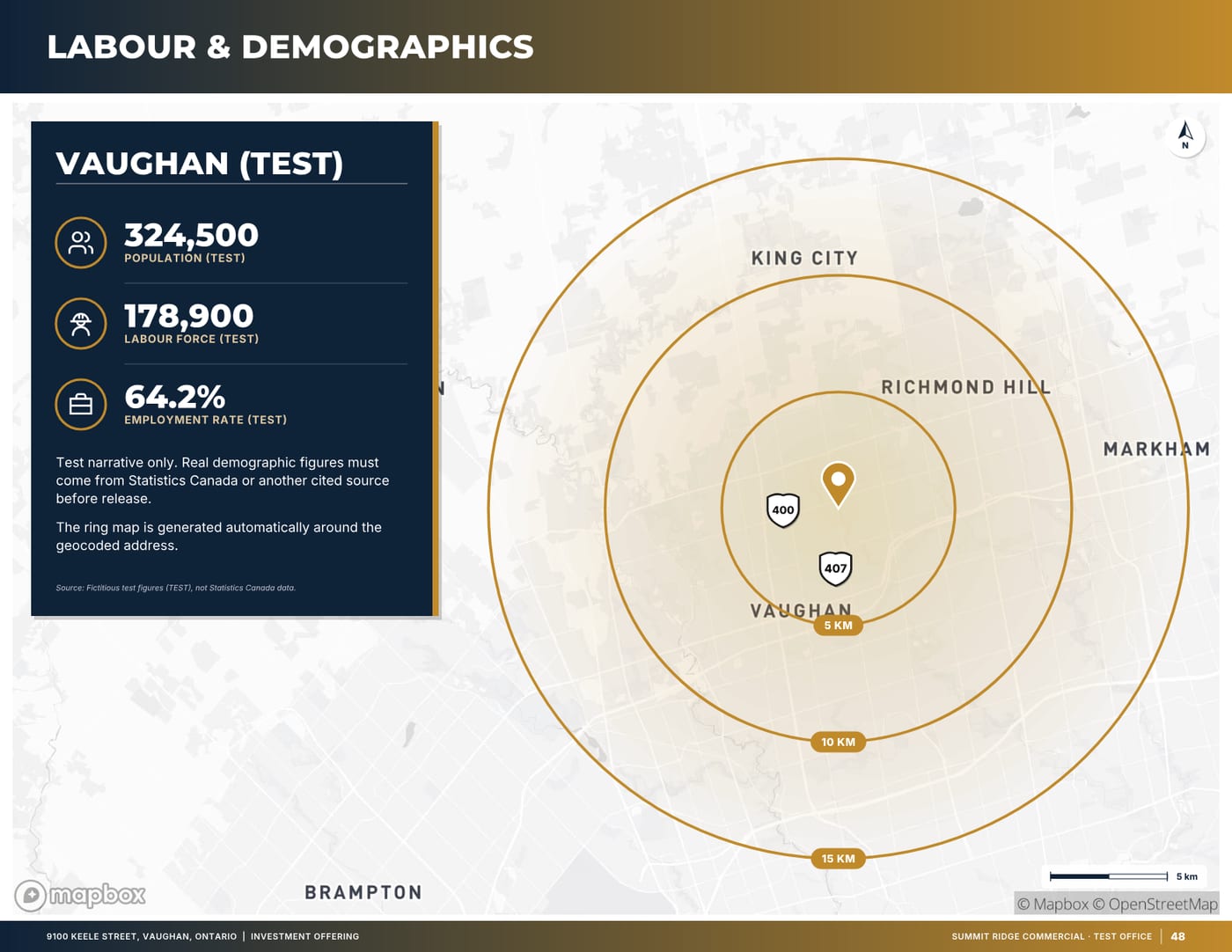 Sample page: Labour & demographics, from a fictitious test listing