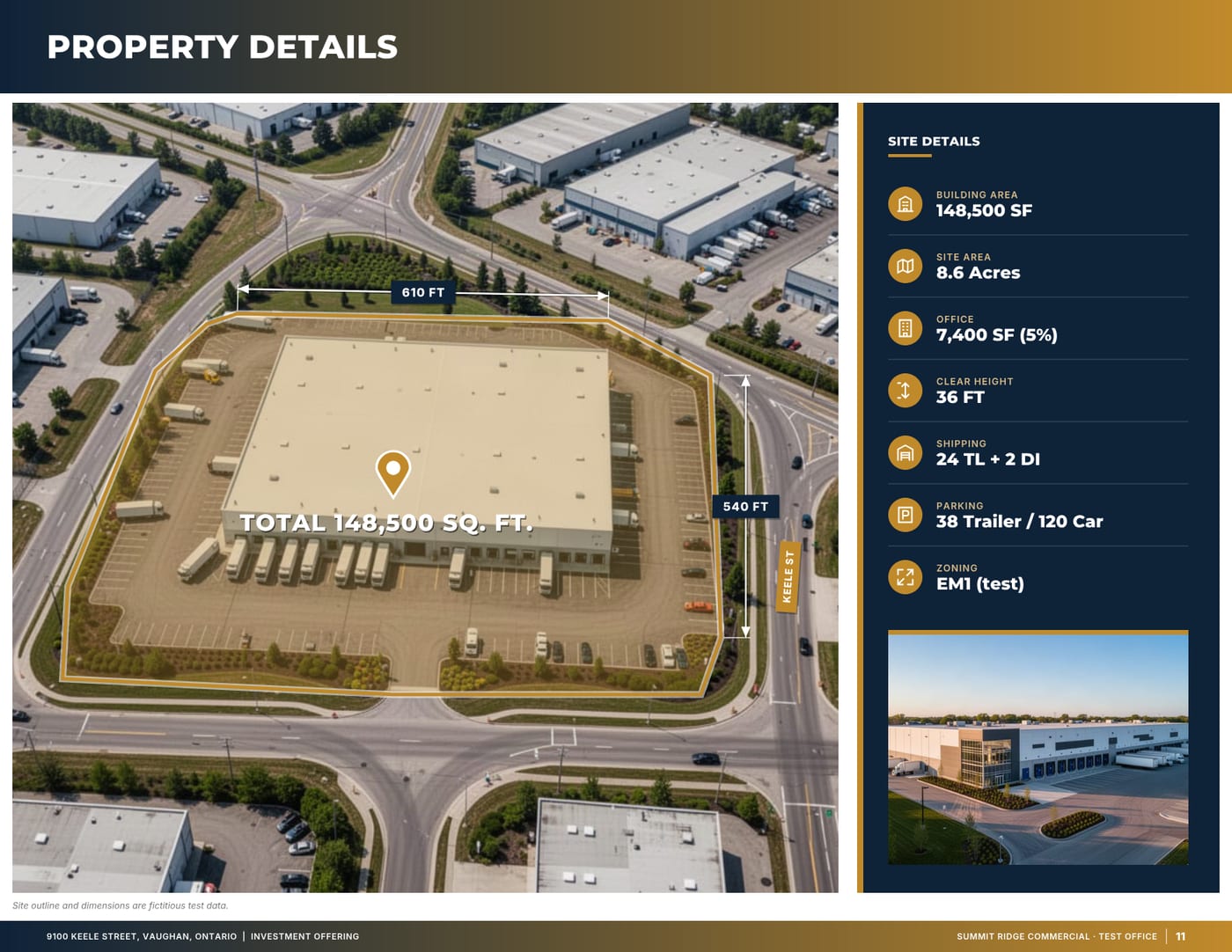 Sample page: Property details over aerial, from a fictitious test listing
