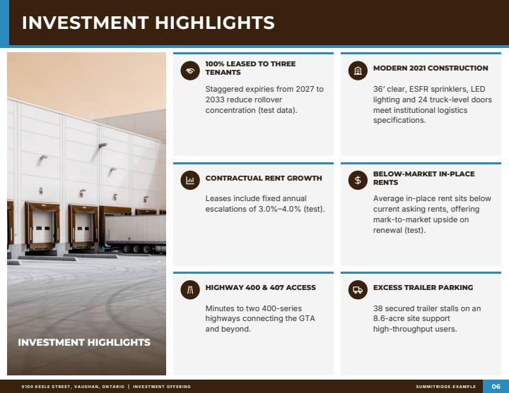 Bold theme investment highlights page, sample from a fictitious test listing
