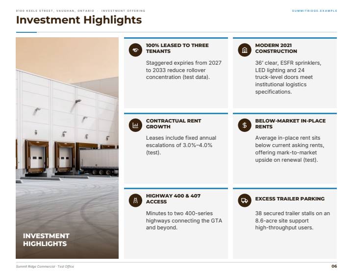 Editorial theme investment highlights page, sample from a fictitious test listing