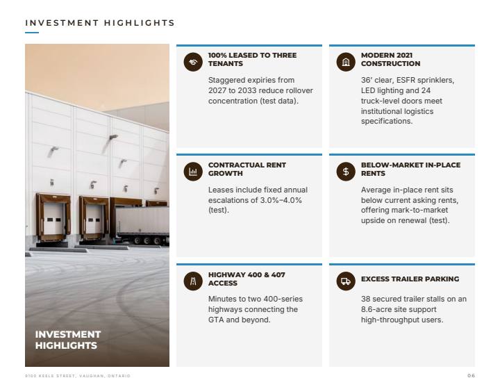 Minimal theme investment highlights page, sample from a fictitious test listing