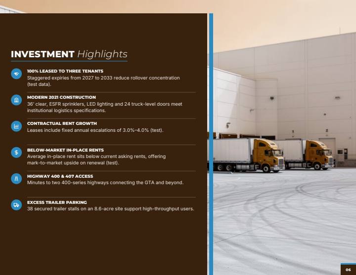 Panel theme investment highlights page, sample from a fictitious test listing