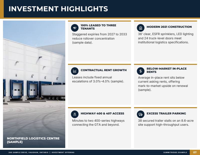 Bold theme investment highlights page, sample from a fictitious test listing