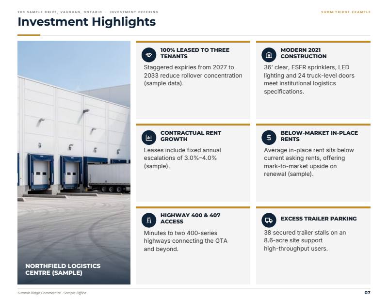 Editorial theme investment highlights page, sample from a fictitious test listing
