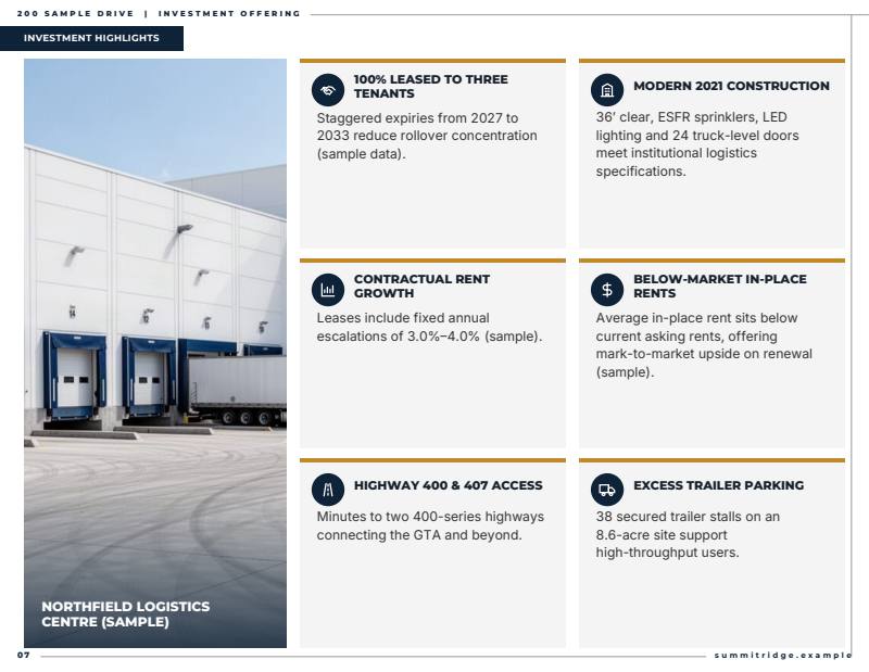 Frame theme investment highlights page, sample from a fictitious test listing