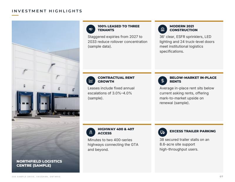 Minimal theme investment highlights page, sample from a fictitious test listing