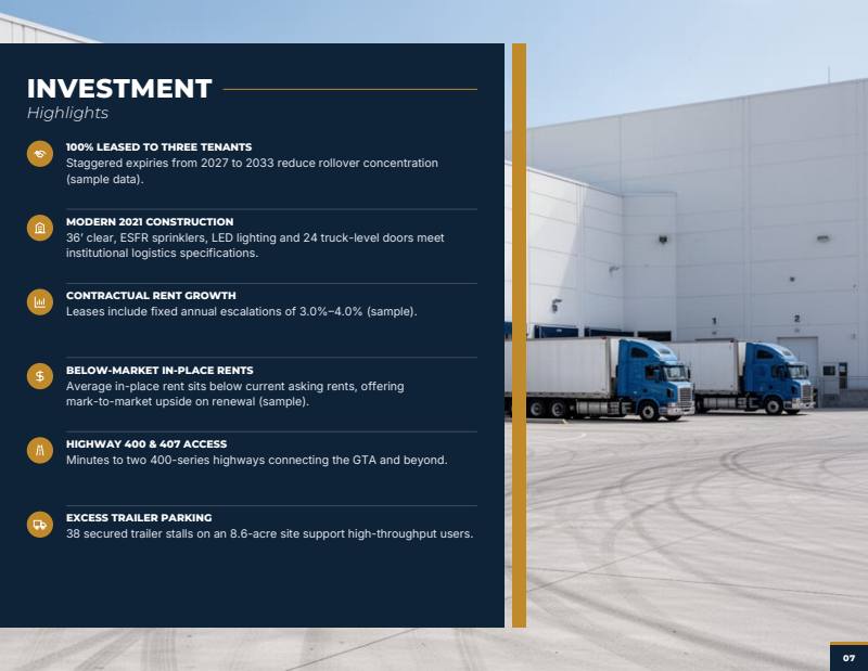 Panel theme investment highlights page, sample from a fictitious test listing